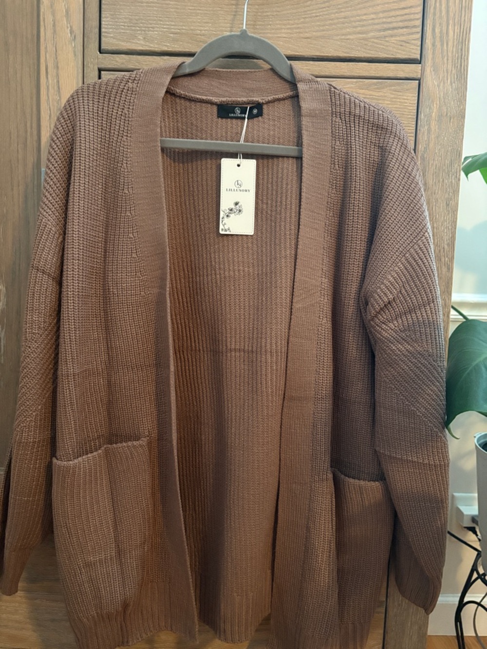 Brown Open-Front Knit Cardigan